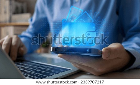 Digital wallet icon.Businessman shopping online with digital currency wallet. Mobile banking, online finance, e-commerce. Dollar, euro, yen, yuan and pound icons. Royalty-Free Stock Photo #2339707217