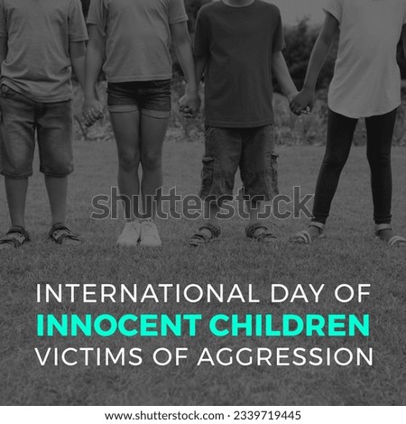 Digital composite image of friends holding hands standing together on grass. awareness and international day of innocent children victims of aggression concept.