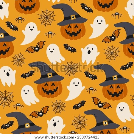 Halloween seamless pattern. Vector illustration of Halloween party. Ghosts, spider web, bat and pumpkins on a yellow background. Vector cartoon seamless pattern. Royalty-Free Stock Photo #2339724425