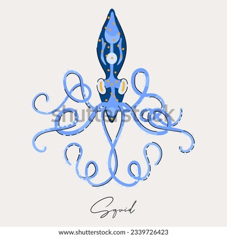 Blue squid isolated on beige background. Ocean underwater marine wild life vector illustration