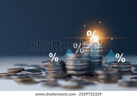 Interest rate and dividend concept. Businessman with percentage symbol and up arrow, Interest rates continue to increase, return on stocks and mutual funds, long term investment for retirement. Royalty-Free Stock Photo #2339732329