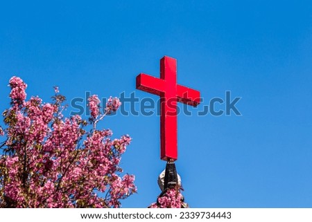 Red Christian cross and cherry blossom flowers on the blue sky background. 