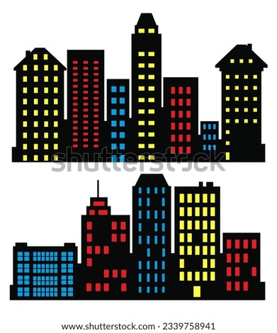 Landscape set of buildings silhouetted on white background. A black outline of low-rise and high-rise complexes and skyscrapers. Structural constructions placed urban objects