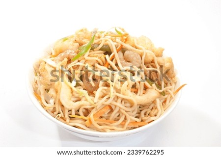 Seafood noodles. Is a popular Chinese-Japanese delicacy all over Japanese. Arabic, Chinese cuisine pictures, isolated on White background.