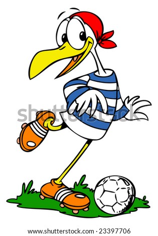 A Cartoon soccer fan seagull playing football.