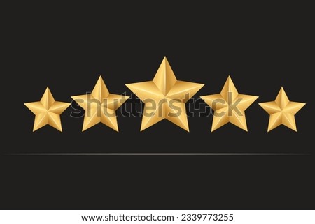 5 stars rating. Golden stars on black background. Vector design.
