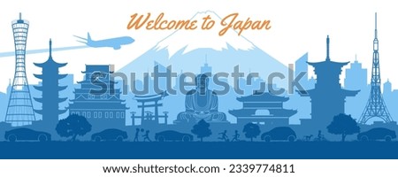 Japan famous landmarks silhouette style with blue and white color,vector illustration Royalty-Free Stock Photo #2339774811