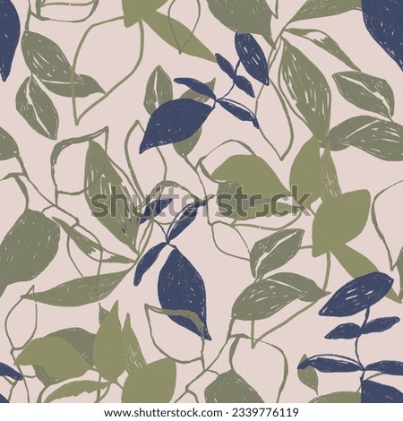 hand drawn seamless repeating floral pattern. sketchy blue and green leaves and twigs on a grey background Royalty-Free Stock Photo #2339776119