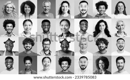 Black and white portrait, collage of multiracial smiling business people. Successful business, team, career, diversity concept