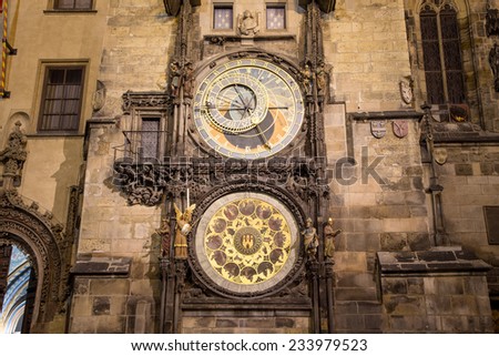Night view of the medieval astronomical clock in the Old Town square in Prague, Czech republic  