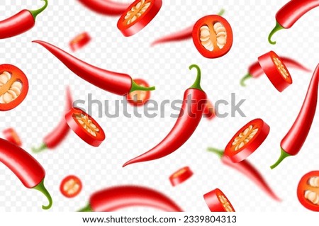 Falling chili pepper isolated on transparent background. Сhopped pieces of hot pepper flying, selective focus. Can be used for advertising, packaging, banner print. Realistic 3d vector design Royalty-Free Stock Photo #2339804313