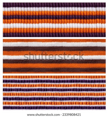 Set of horizontal or vertical banners with wool sweater striped texture of dark orange, white, brown and purple color. Natural knitted wool material with Halloween colors. Knitted fabric texture Royalty-Free Stock Photo #2339808421