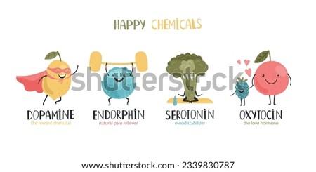 Oxytocin, serotonin, endorphin, dopamine. Hormones colorful vector illustration. Mood stabilizer, love hormone, reward chemical, pain reliever. Hormone health icon of chemistry health emotion Royalty-Free Stock Photo #2339830787