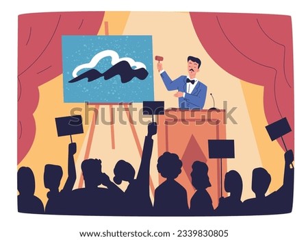 Auctioneer sells painting. Art auction concept, professional barker with gavel opens lot bidding, selling valuable paintings crowd bidders, sale process vector illustration of auction price offer Royalty-Free Stock Photo #2339830805