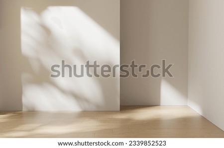 Room interior empty space background mock up, sunlight and shadows room walls, cozy summer warm room with sunlight and leafs shadows and wooden blank parquet floor Royalty-Free Stock Photo #2339852523