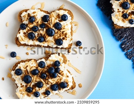 Blueberry, honey toast with cottage cheese on a blue backdrop. Flat lay food photography. Close up. Bright colored food. Healthy, nutritional snack. Restaurant. Breakfast menu. 