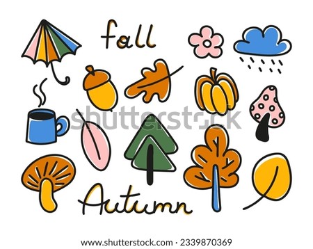 Autumn doodle set. Childish fall symbols, leaves, mushrooms, cloud, umbrella, trees, pumpkin, acorn. Abstract colorful clip art. Vector illustration isolated on white background