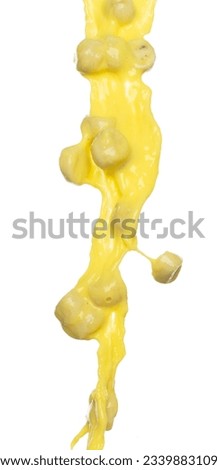 Banana juice flying fall down, yellow banana chopped slice juice wave explode. Yellow paint color splash throwing in Air. White background Isolated high speed shutter, throwing freeze stop motion
