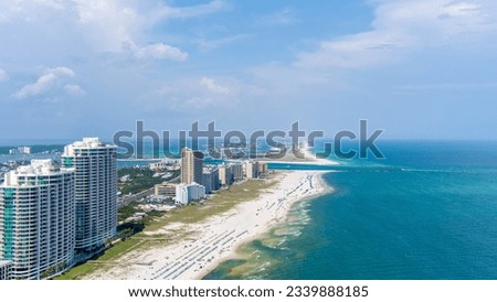 Aerial view of the beach at orange beach, alabama on a sunny day in July