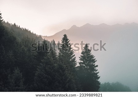 View on mountains and forest at sunrise at Geroldsee, Bavaria, Germany, Europe Royalty-Free Stock Photo #2339889821