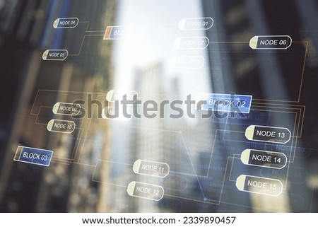 Abstract virtual coding illustration on modern architecture background, software development concept. Multiexposure