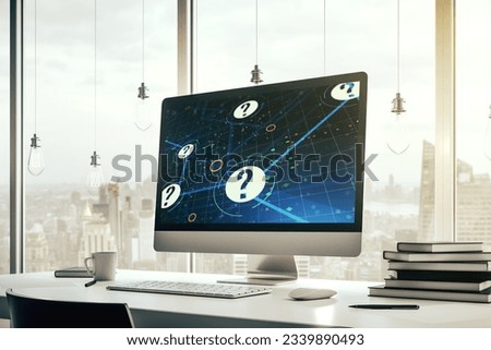 Creative abstract question mark sketch on modern laptop monitor, FAQ and research concept. 3D Rendering