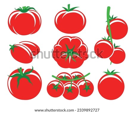 Tomato group elements. Red and green tomatoes symbols, summer different tomatos vegetables set for cooking compositions isolated on white background Royalty-Free Stock Photo #2339892727