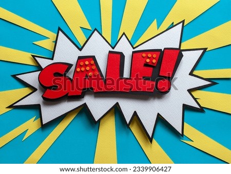 Handmade paper cutout pop art comic background with speech bubble. Cartoon flat style. In yellow and blue color. Lightning. Concept for Black Friday or Cyber Monday. 