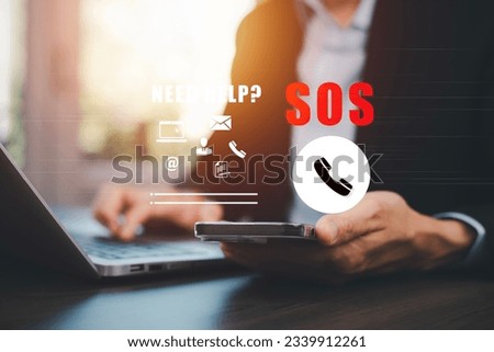 SOS with Emergency app concept, Business people using a laptop and touch bar Emergency app at home, call phone, Chat message icon, Emergency application from smartphone for elderly, call for help