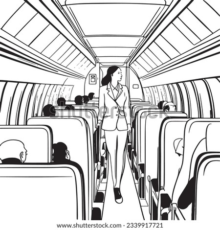 stewardess walking in airplane aisle vector illustration stock Royalty-Free Stock Photo #2339917721