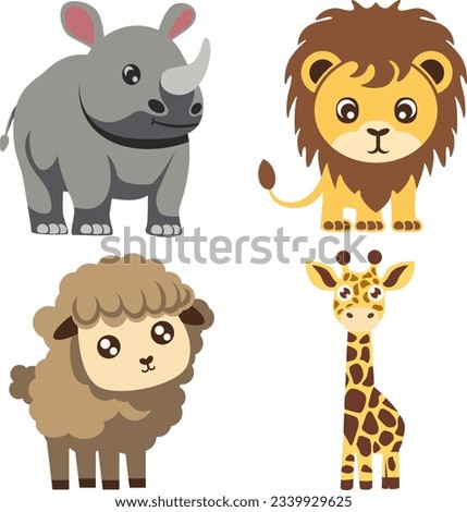 Rhinoceros, Lion, Sheep, Giraffe, Cute Animal Bundle Vector illustration Collection