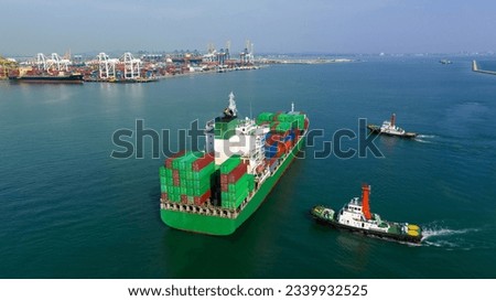  rear view of cargo container ship and tugboat sailing in sea and commercial port background to import export goods and distributing products to dealer and consumers worldwide, by container ship 