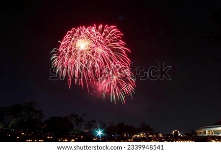 a photography of a fireworks is lit up in the night sky, fireworks are lit up in the night sky over a lake.