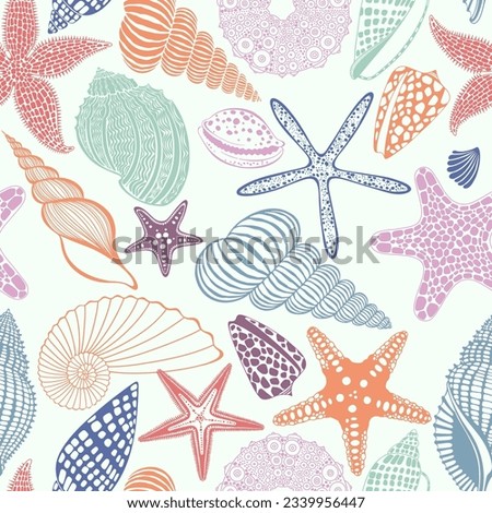 Seamless pattern with colorful starfish and seashells. Vector. Marine background. Perfect for wallpaper, wrapping, fabric and textile.  Royalty-Free Stock Photo #2339956447