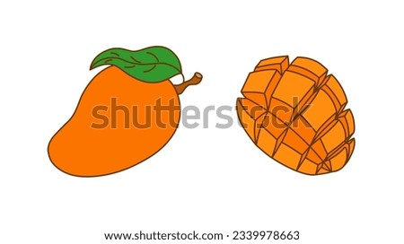 Set of hand-drawn mangos on a transparent background. Isolated vector illustration of juicy fruit