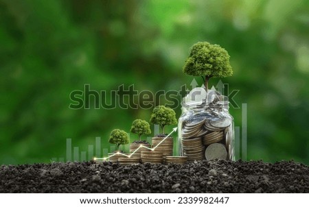 The tree grows on stacked coins on the soil. Renewable energy generation is essential for the future. Saving money for the future. Investment Ideas and green business growth. Royalty-Free Stock Photo #2339982447