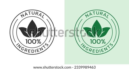 Natural ingredients icon, label or logo. Organic food, pure product seal or sticker with leaf. 100 percent natural badge or symbol. Vector illustration. Royalty-Free Stock Photo #2339989463