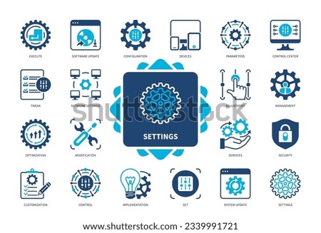 Settings icon set. Configuration, Adjustment, Tweak, Parameters, Software Update, Control, Security, Modification, devices. Duotone color solid icons Royalty-Free Stock Photo #2339991721