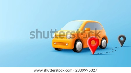 Cute cartoon yellow car illustration, 3d render with pins and route planned, digital composition