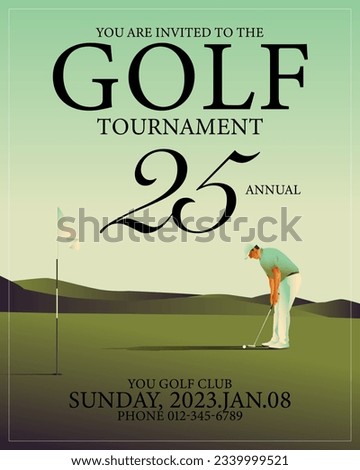 Golfclub competition poster. Template for golf competition or championship event. Blue sky and green golf field. Royalty-Free Stock Photo #2339999521