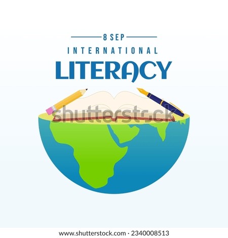International literacy day banner with open book, ink pen and pencil on earth globe for literacy day international celebration education background..