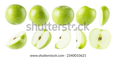 Bright green apples rich collection, whole and cut on half, pieces with tails, seeds, different sides isolated on white background. Summer fresh ripe fruits as design elements.