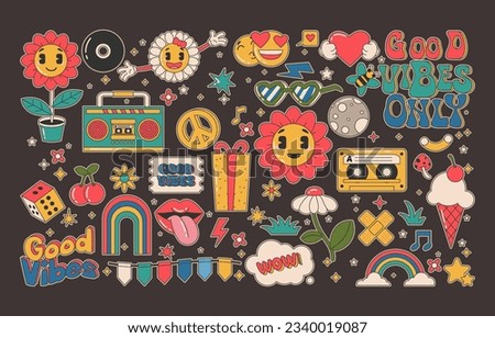 Collection of Cartoon groovy stickers 70s. Cute retro characters. Hippie style, set cute stickers. set cute labels. Isolated 