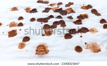 Photo of wet used coffee splotches pattern on white background.