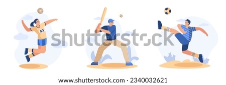 Set of sporty young people playing different games. Young lady in uniform jumping and playing volleyball. Male playing baseball. Football player jump with ball. Flat vector illustration
