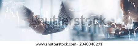 Business finance and investment background, global business and data analysis concept. Businessman teamwork together working with economic graph growth chart, market report, business development Royalty-Free Stock Photo #2340048291