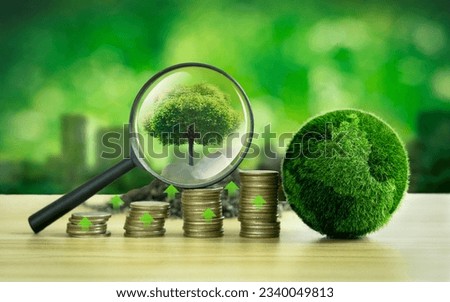 Tree in magnifying glass and green globe green business ideas Finance and Investment for Sustainability and Carbon Credits Royalty-Free Stock Photo #2340049813