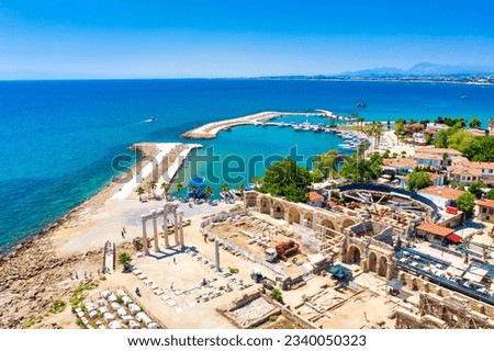 Aerial top drone view of ancient Side town with Apollon Temple, Antalya Province in Turkey. Royalty-Free Stock Photo #2340050323