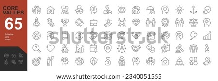 Core Values Line editable icons set. Vector illustration in modern thin line style of Core Values icons: integrity, innovation, growth, goal, trust, family, passion, ethic, education, profession. Royalty-Free Stock Photo #2340051555