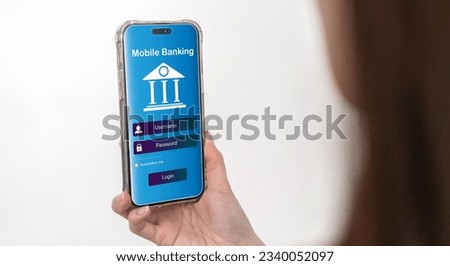 Human use smartphone with online banking digital technology, mobile banking, shopping, payment, finance, bank, withdraw money, account, transfer, credit card, financial and global business online